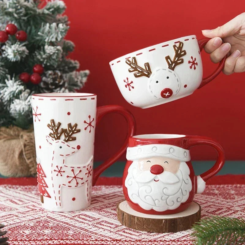 Santa & Elk Embossed Holiday Mug